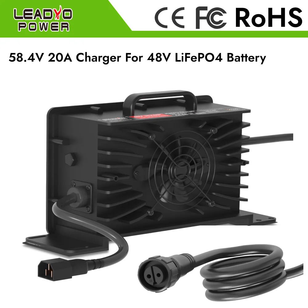 LiFePO4 48V 20A Battery Charger For 16S LFP Battery Pack 1200W With Charger Waterproof Plug To O-Type