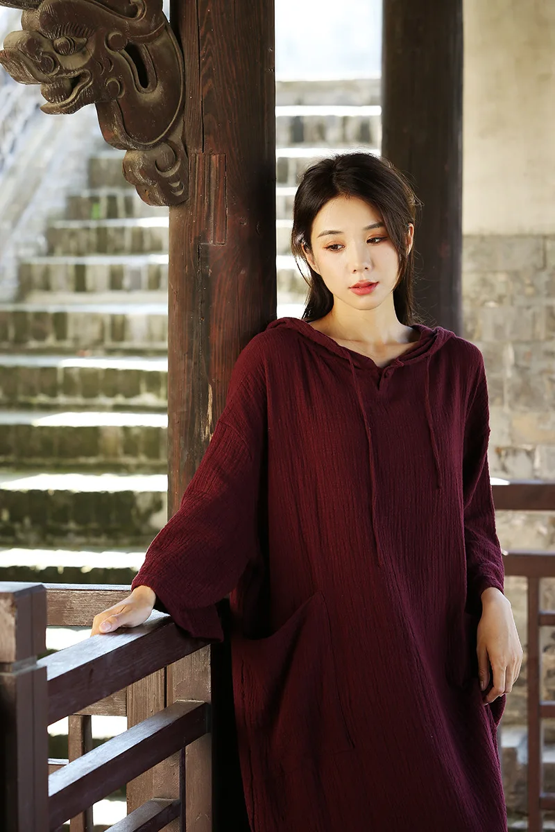 TIYIHAILEY Otoño Invierno mujeres algodón largo Maxi vestido 3/4 manga señoras Vintage negro rojo blanco grueso vestidos cálidos con capucha bolsillo