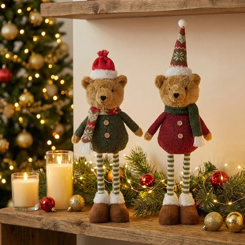 Creative Nordic Stretchable Teddy Bear Plush Doll, Retractable Xmas Figurine, Holiday Atmosphere Decor for Home Display