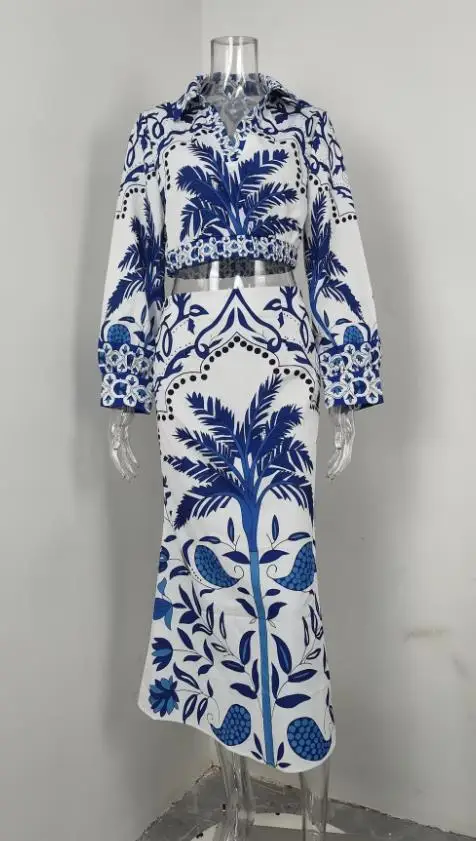 Autumn Women's Bohemian Style Plant Print Lapel Short Long Sleeved Chiffon Shirt and High Waisted Straight Leg Skirt Set