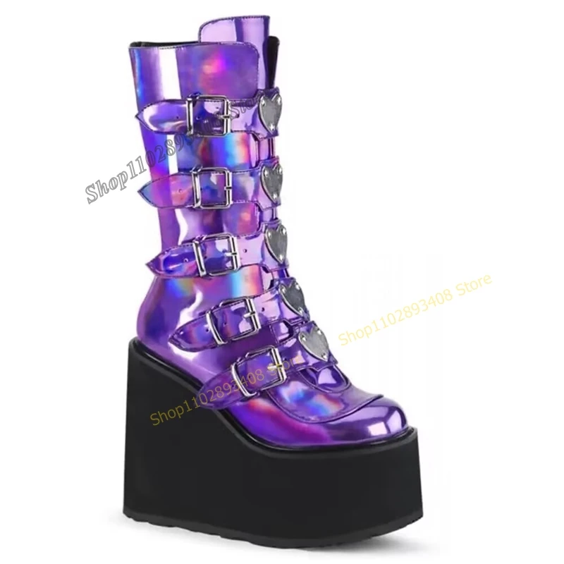 Multicolor Buckle Strap Design Mid Calf Boots Wedge Heel Thick Soled Platform Heart Women Shoes 2023 Sexy Zapatos Para Mujere