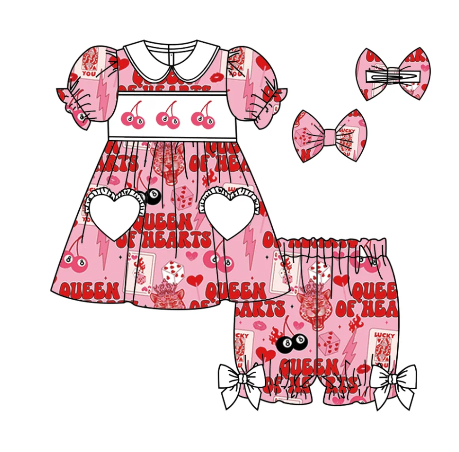 Ropa de Boutique para el Día de San Valentín para niños pequeños, pijama con bolsillo de amor, traje de manga corta para niños, estampado de naipes de cereza