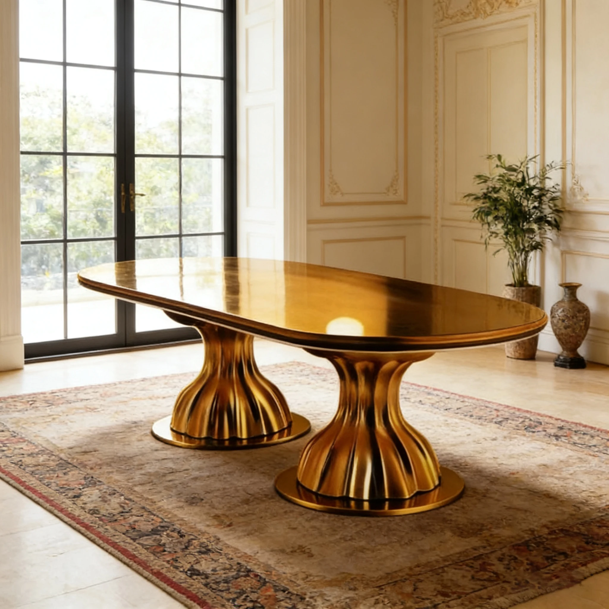 S*-Luxury Gold Plated Oval Dining Table with Sculptural Double Pedestal Base 8-10 Seater Dining Room Furniture