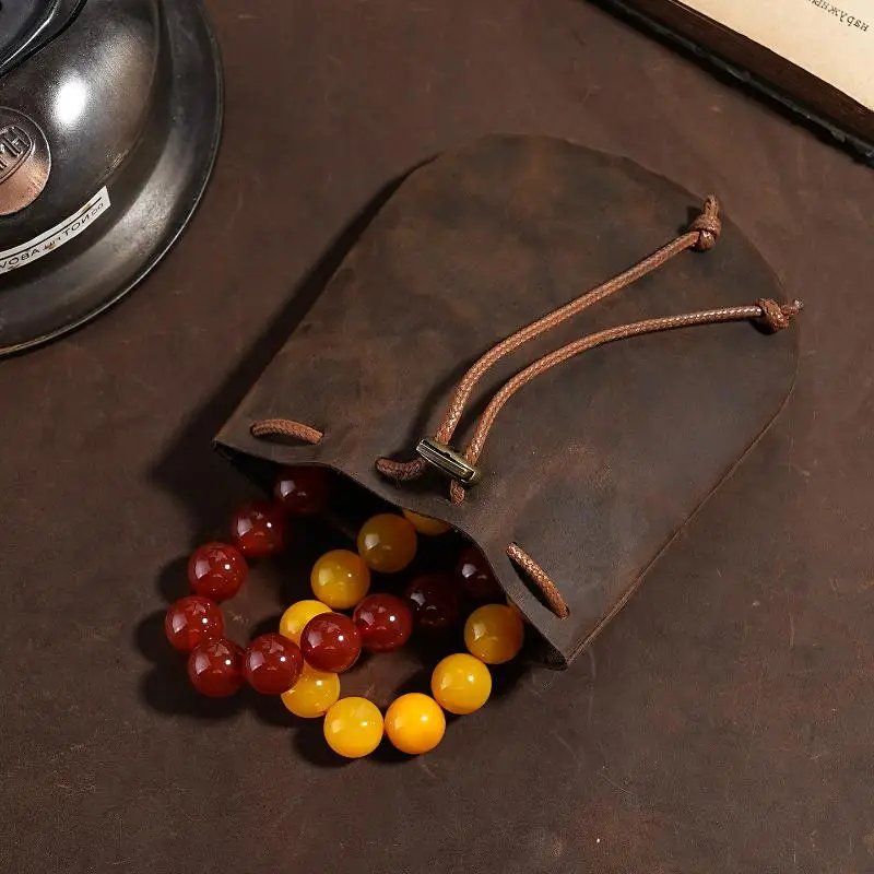 Genuine Crazy Horse Oil Wax Leather Drawstring Pouch With Durable Vintage Finish Perfect For Storing Coins Jewelry Small