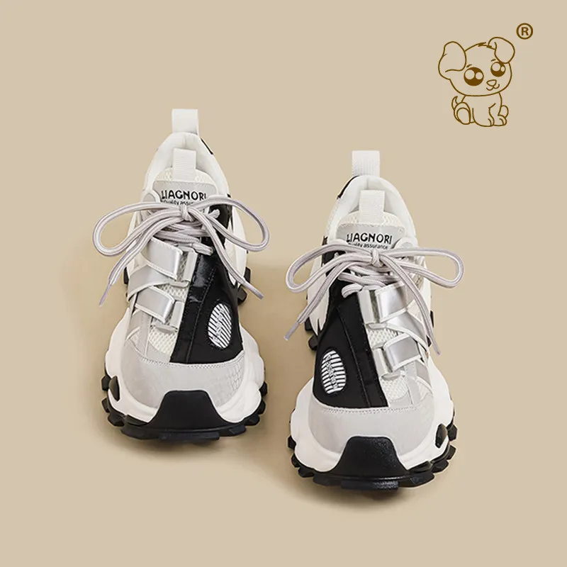 Kids Mesh Chunky Sneakers Hook And Loop Lace‑Up Breathable Upper Non‑Slip Thick Sole Lightweight Children Daily Sports Shoes
