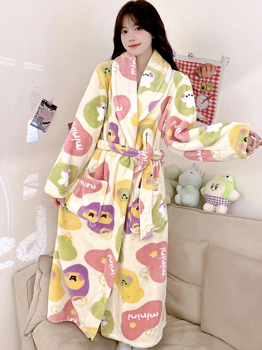 Nightgown Women Autumn and Winter Coral Fleece Retro Sle Thick Flannel Bathrobe Long Cartoon Cute Sweet Pajamas Spring