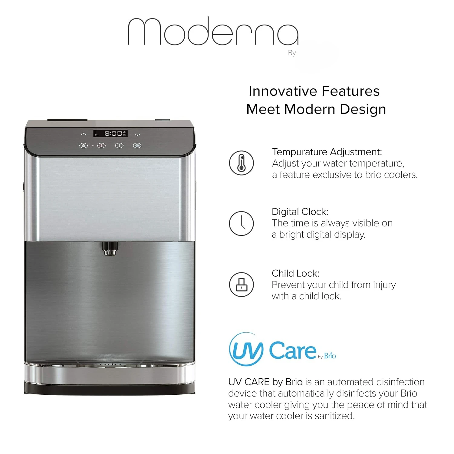 Moderna Self-Cleaning Bottleless Countertop Water Cooler Dispenser - with 3-Stage Water Filter and Installation Kit, Tri Temp