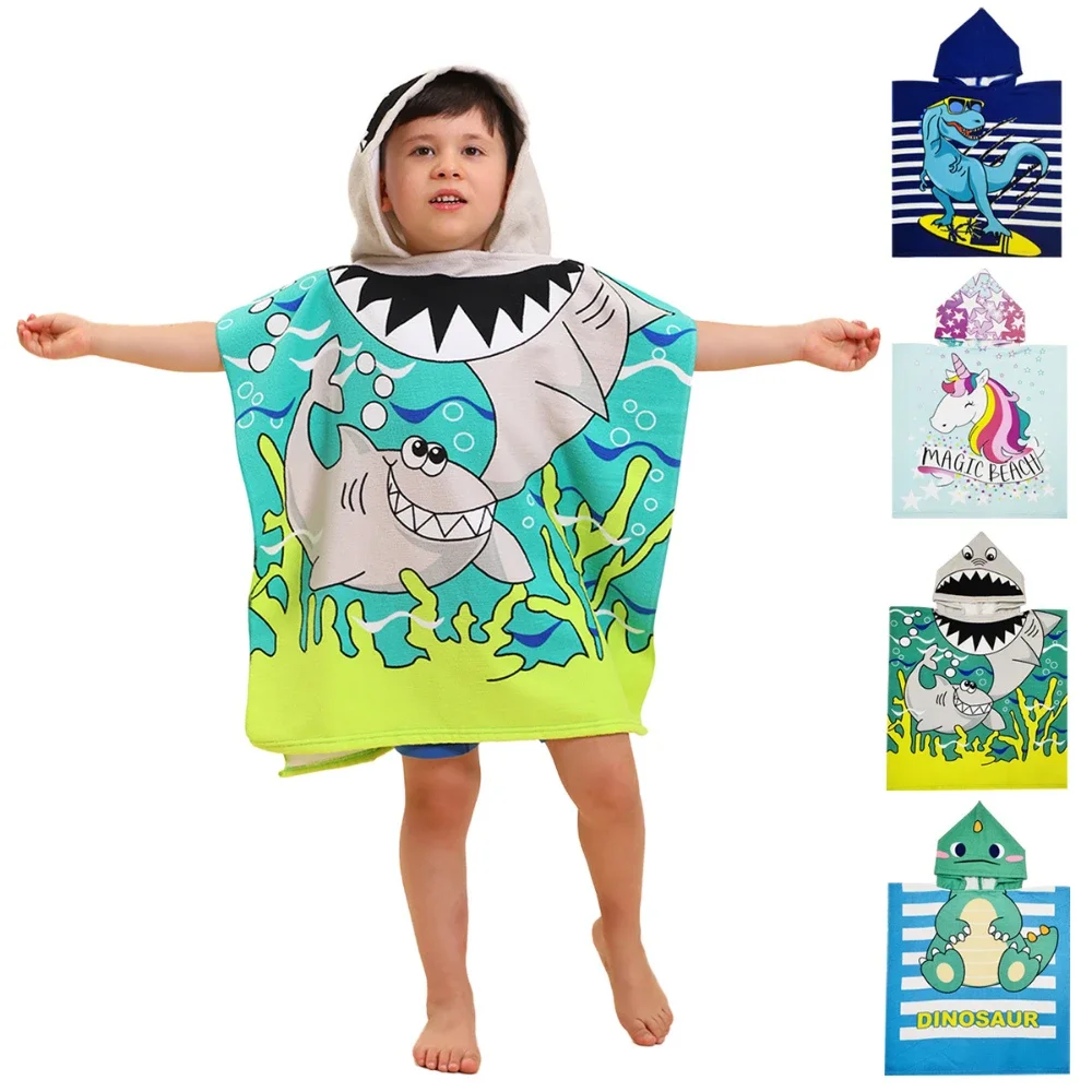 Sudadera con capucha para niños, toallas de baño con estampado de tiburón grande y unicornio arcoíris, capa de playa y piscina, 60x60cm