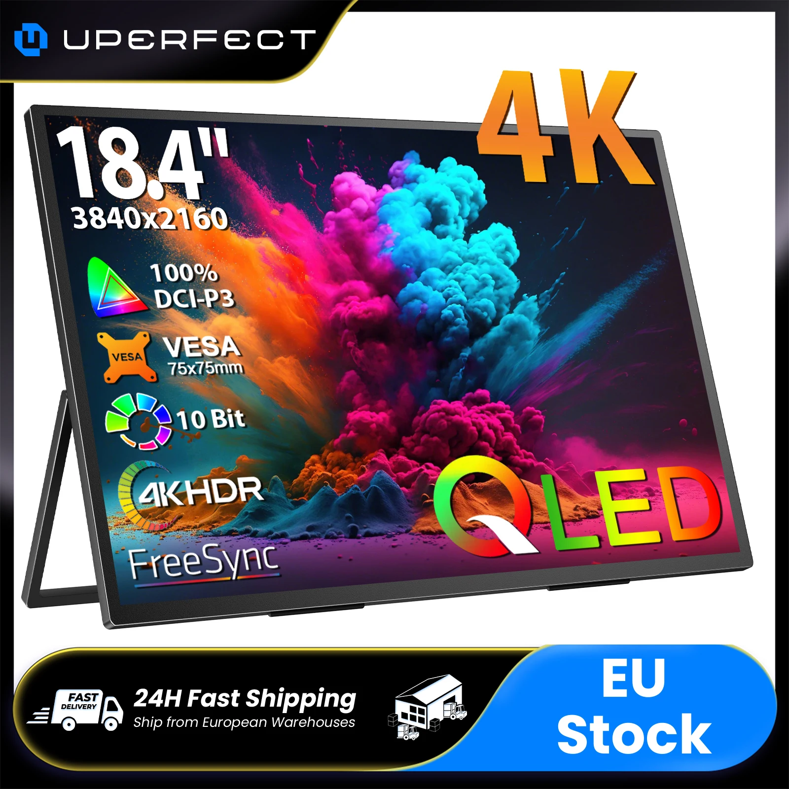 UPERFECT 18,4'' 4K Tragbarer Monitor QLED 100% DCI-P3 3840x2160 UHD FreeSync HDR 2 Lautsprecher Augenschonend Reise-Gaming-Display für Laptop, Desktop, Mac, Smartphones, Tablet, PS5/4 und Switch