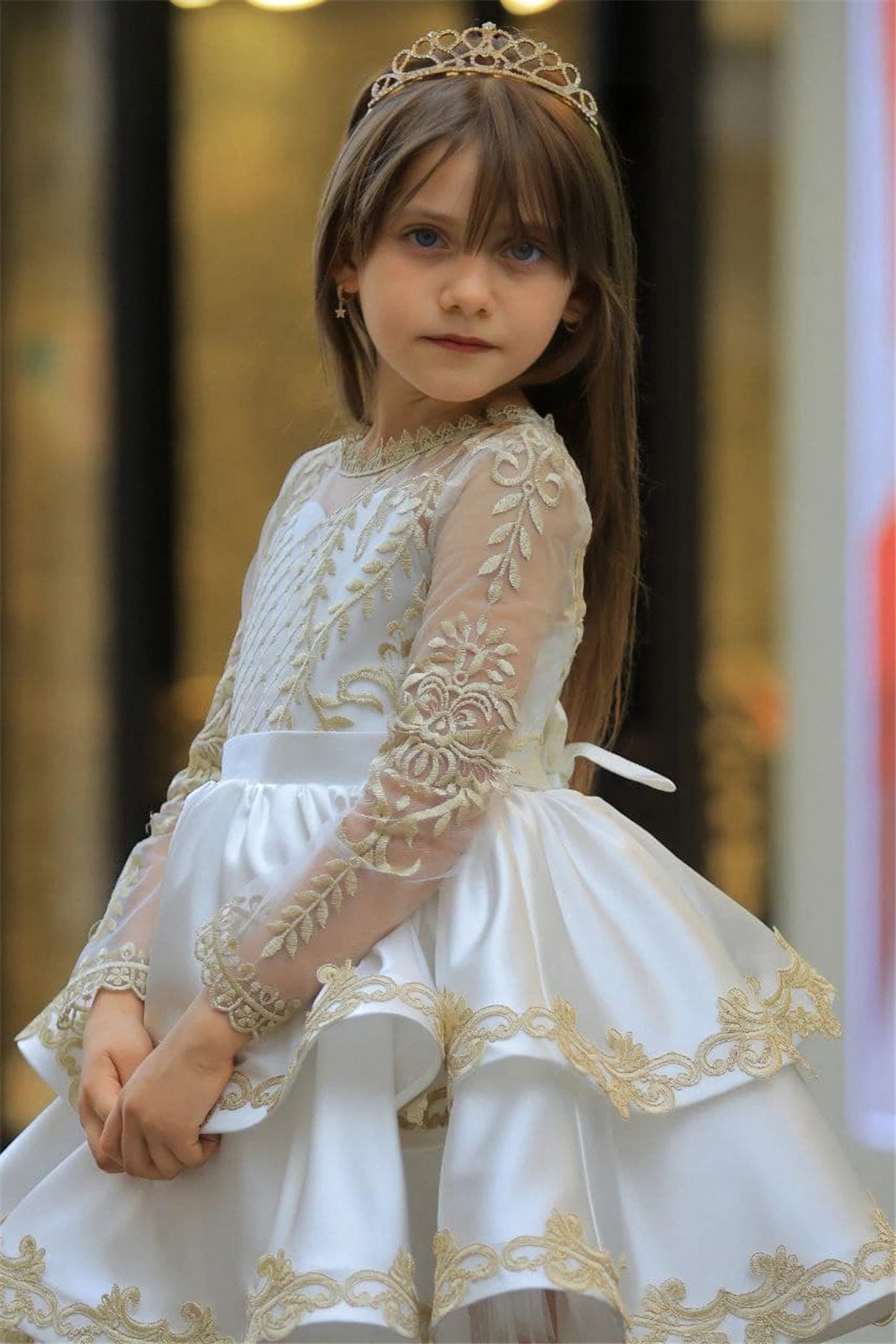 Elegant Flower Girl Dress For Wedding Puffy Gold Lace Satin Ruffles Applique Princess Kids Birthday Party Ball First Communion