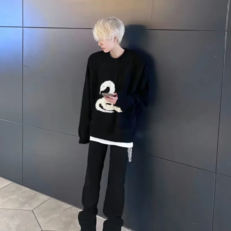 Retro Oversized Knitwear for Men Autumn Winter Large Size 300 Pou Couples round Ne Baseball Collar Long Sve Loose Fit