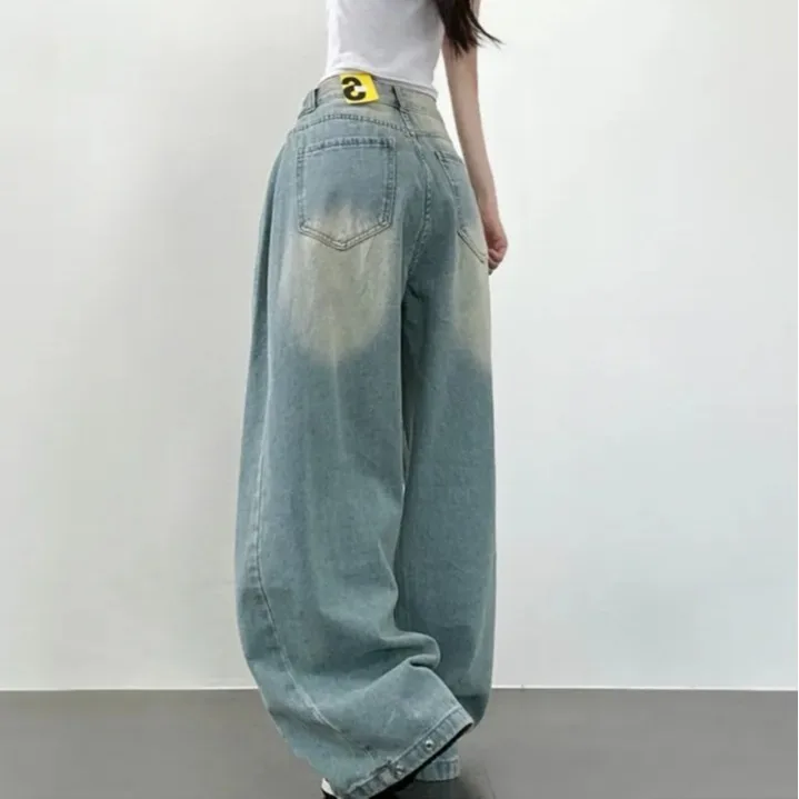 Jean Chic Vintage taille haute à jambes larges pour femmes, pantalon décontracté, plissé sur le côté, bouton caché, pantalon ample et amincissant