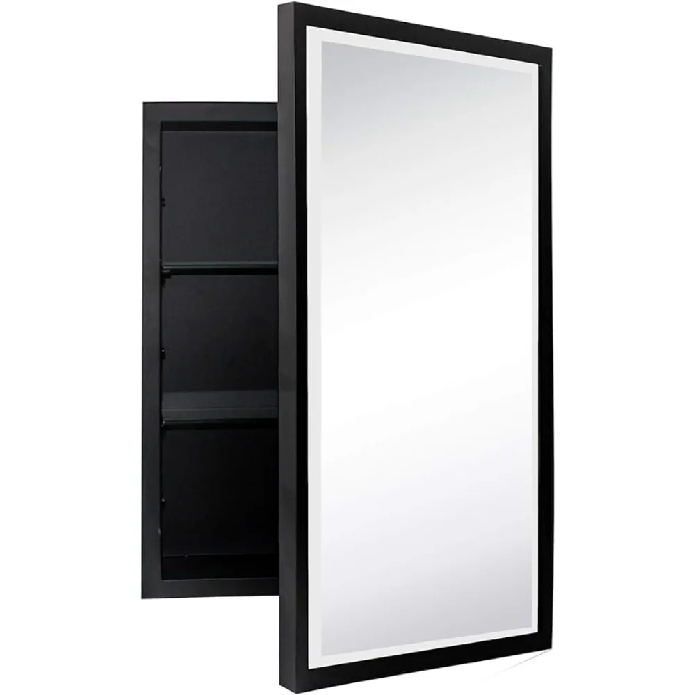 TEHOME Black Metal Framed Recessed Bathroom Medicine Cabinet with Mirror Rectangle Beveled Vanity Mirrors for Wall 16 x 24