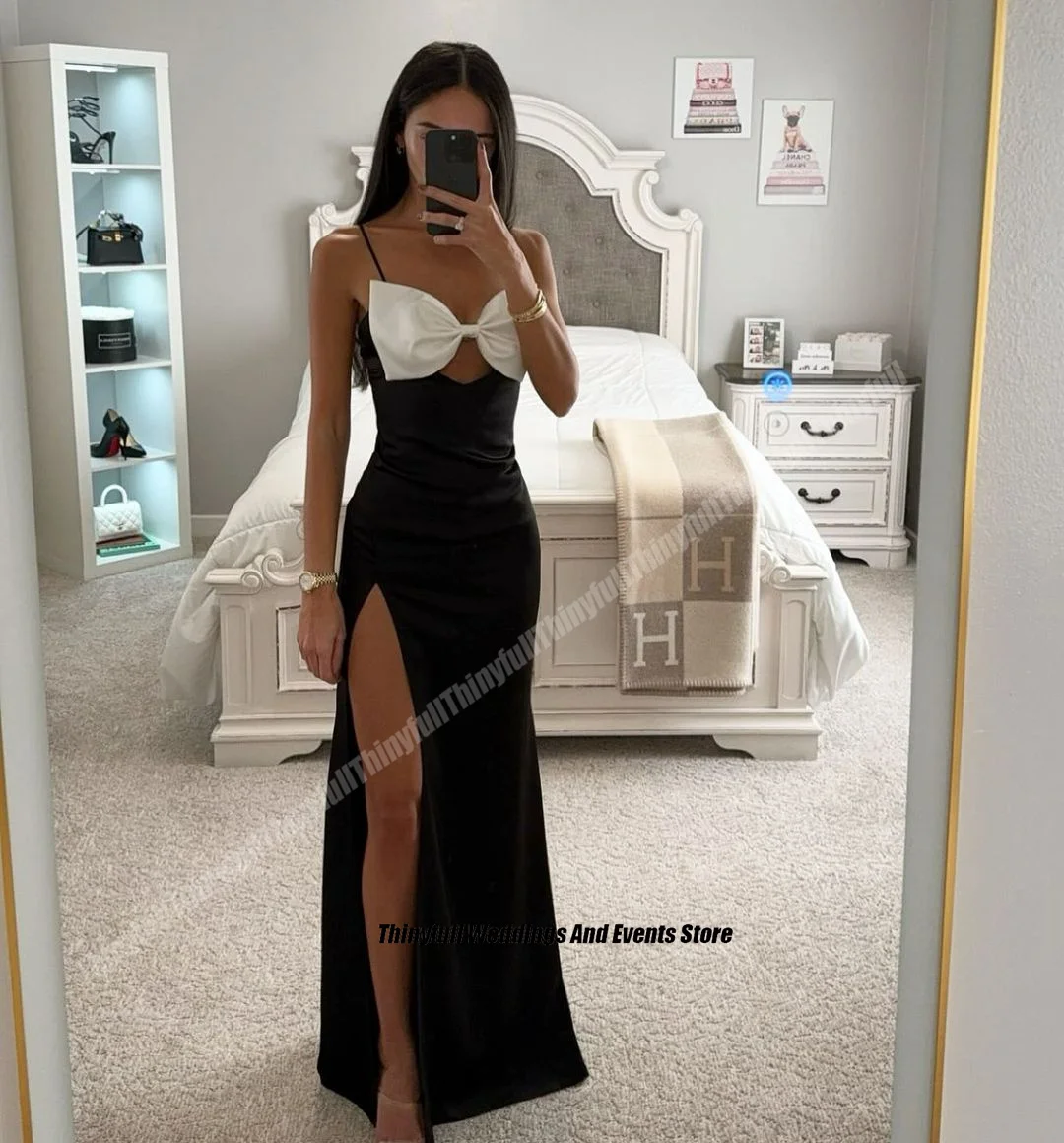 Thinyfull Satin Black/White Prom Dresses Spaghetti Strap Evening Party Gowns Split Long 2024 Formal Occasion Dress with Bow