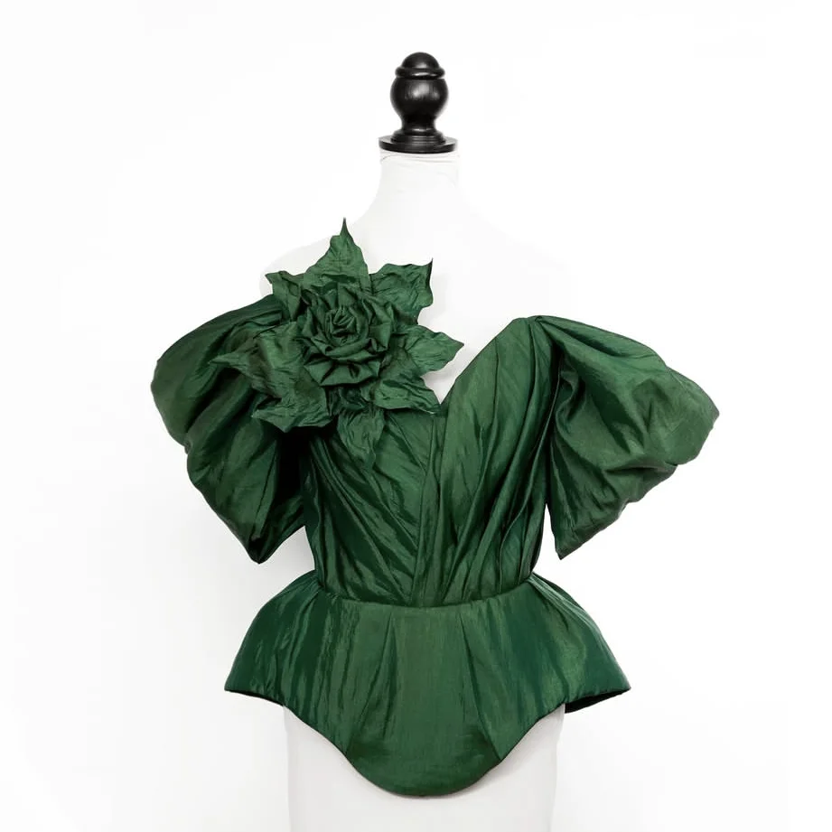 

Dark Green Floral Women Tops Pleated Jacket Chic Off Shoulder Custom Made Blouse Ruched Sleeves