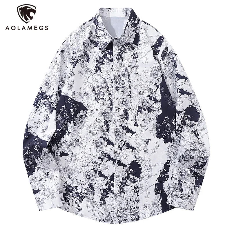 

Aolamegs Y2K Men Vintage Floral Shirt Hong Kong Style Loose Blouse Coat Harajuku Hip Hop Streetwear Long Sleeved Couple Tops
