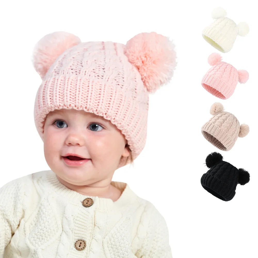 

Hot Autumn Winter Knit Cute Baby Girls Beanie Bonnet with Pompoms Newborn Hat Toddler Kids Hat Warmer Solid Accessories