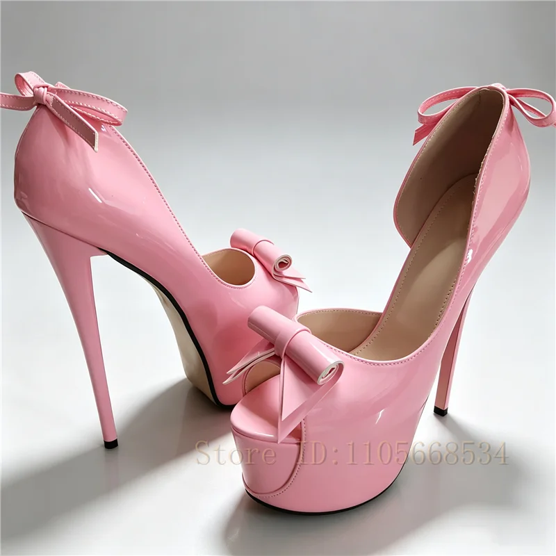 19CM Super High Heels Peep Toe Platform Pumps Women Candy Colored Patent Leather Butterfly Knots Stilettos Shoes for Dance Prom