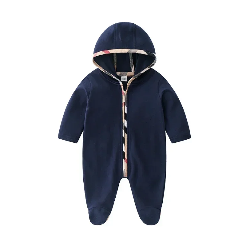 

Spring And Autumn Fashion Newborn Clothes Cute Long Sleeve Unisex Cotton Plaid Stripes Hooded Baby Girl Boy Romper