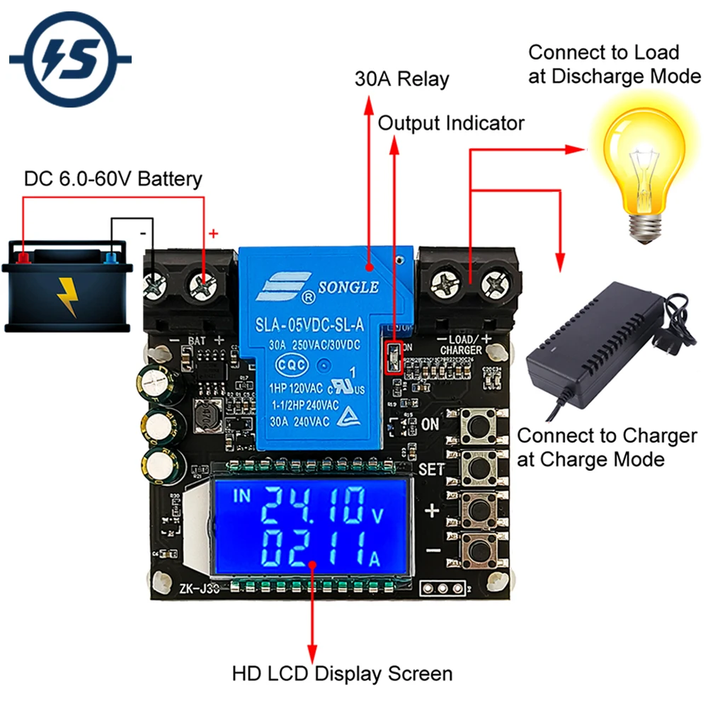 Battery Charge Discharge Controller Low Voltage Cut Off Switch Coulometer Battery Voltage Monitor Protection 30A 6V-60V LCD