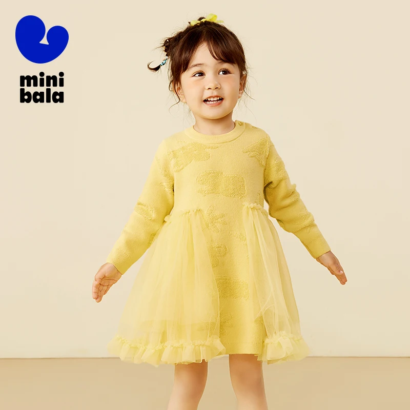 Mini Bala Dress Girls Dress for 2024 Autumn New Autumn Arrival for Babies Knitted Tulle Princess Dress