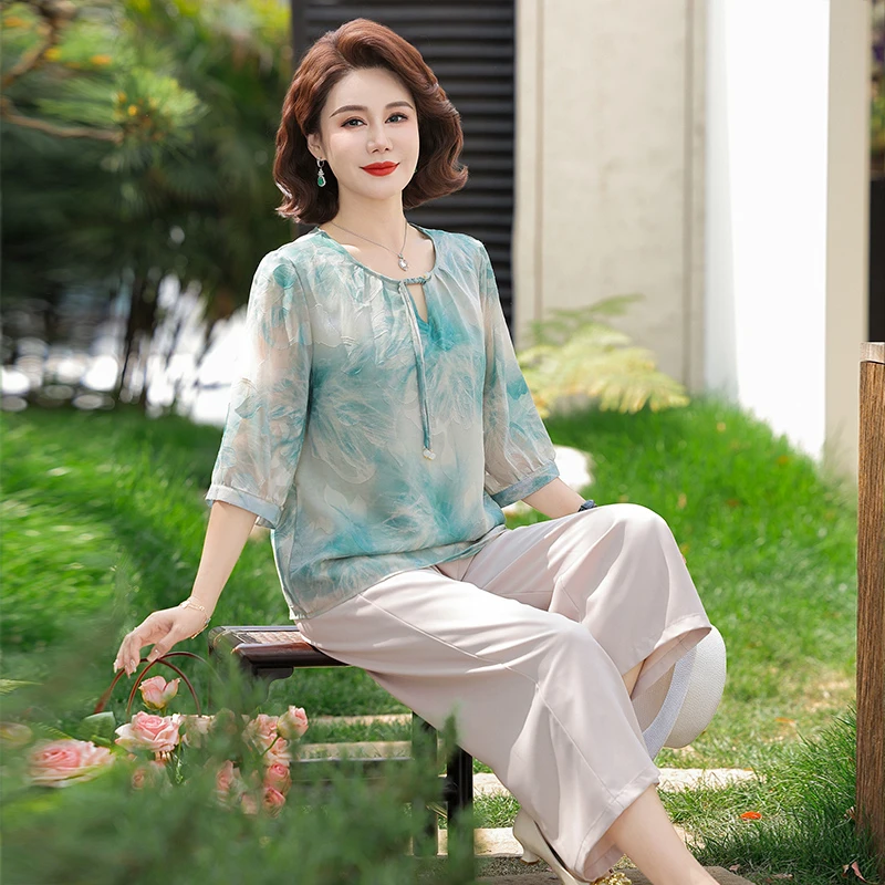 summer-faion-mommy-outfit-set-chiffon-svel-two-piece-ensemble-loose-fit-round-ne-polyester-fiber-spring-autumn-wear