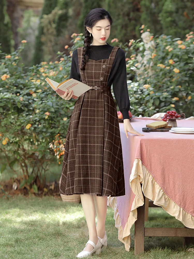 Autumn Winter Plaid Dress Women Spaghetti Strap Woolen Long Dresses With Belt Vintage Party Elegant Vestidos