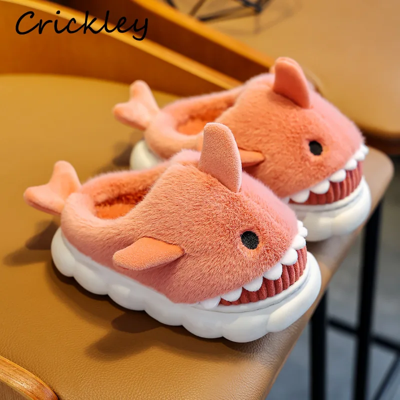 Winter Meisjes Jongens Slippers 2022 Cartoon Shark 3D Warm Pluche Kinderen Indoor Slippers Antislip Platform Slaapkamer Kids Huis Schoenen