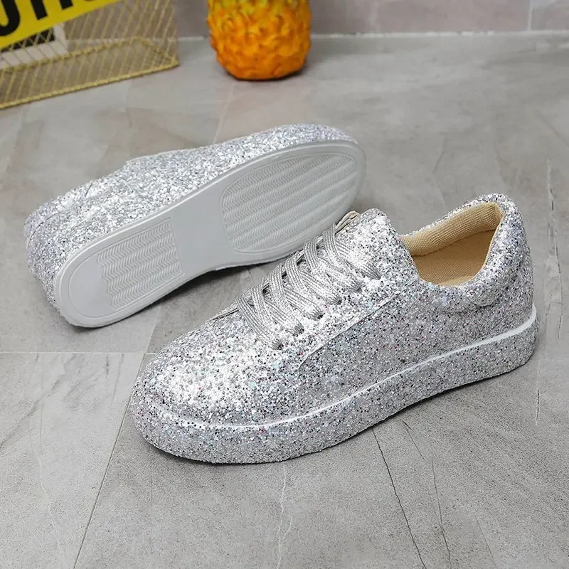 Women Glitter Flat Sneakers Casual Female Shoes Shiny Lace Up Bling Platform Sneakers Breathable Plus Size Vulcanized Shoes