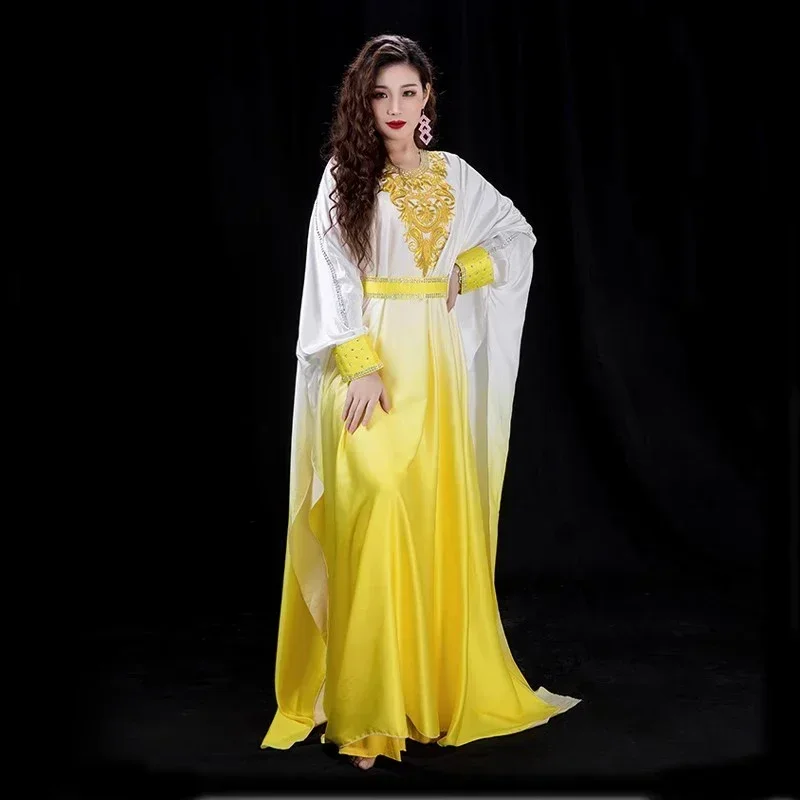 Traditional Khaleeji Thobe Dress Satin Costume Belly Dance Clothes Kaftan Dress Rhinestone Beads Competition Khaleegy Costume