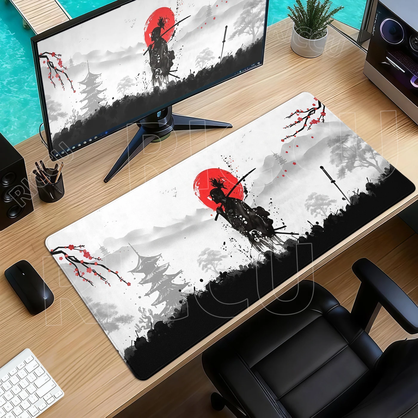 Schwarz-rotes Gaming-Mauspad, Samurai und Sonne, Art Gamer, rutschfeste Schreibtischunterlage, Tastaturzubehör, Mauspad, PC-E-Sport-Matten, XXL-Teppich