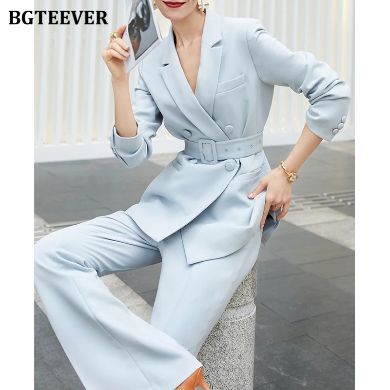 BGTEEVER Two Pieces Blazer Set Women Double Breasted Belted Jackets & Suit Pants Ladies Trousers Suits Autumn Outfits Female