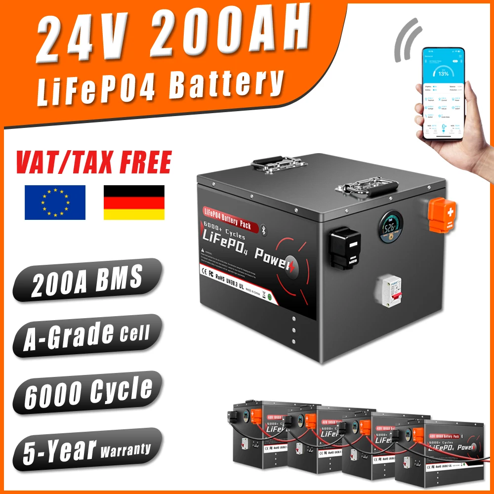 Batterie LiFePO4 24V 100Ah 200Ah avec BMS Bluetooth Grade A, cycle profond 6000+ cycles pour stockage solaire domestique, VR, bateaux, onduleurs, PV