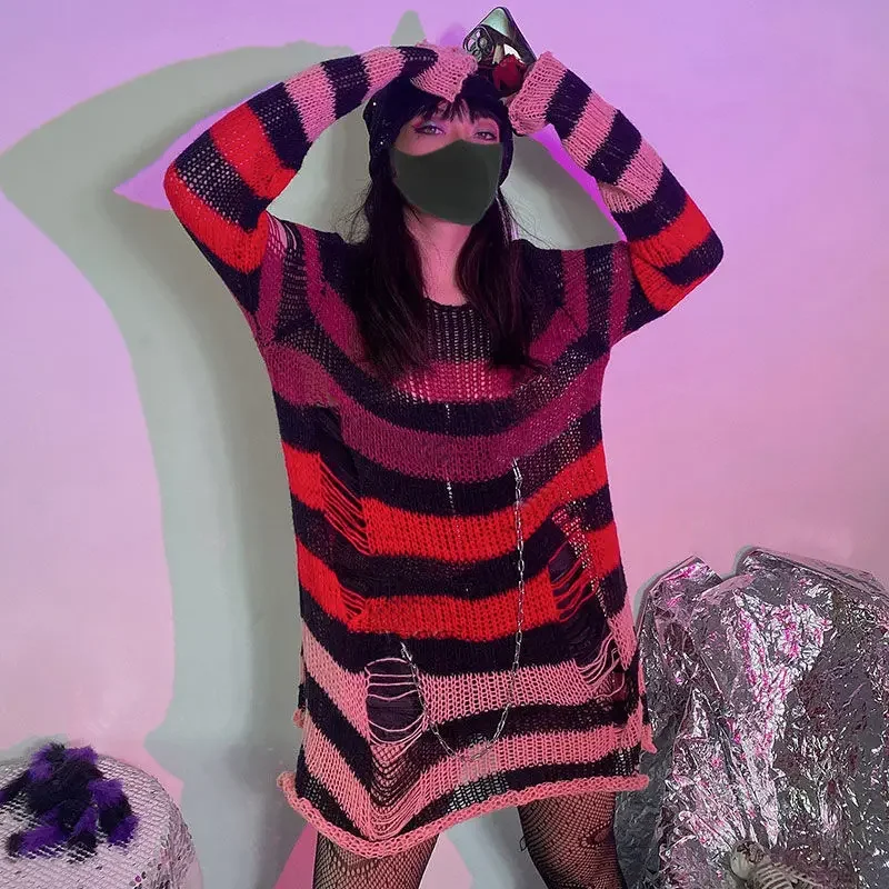 TUMAO Women Y2K E-girl Goth Hole Striped Knitted Pullovers Long Sleeve Ripped Sweater Jumpers Punk Style Kawaii Harajuku