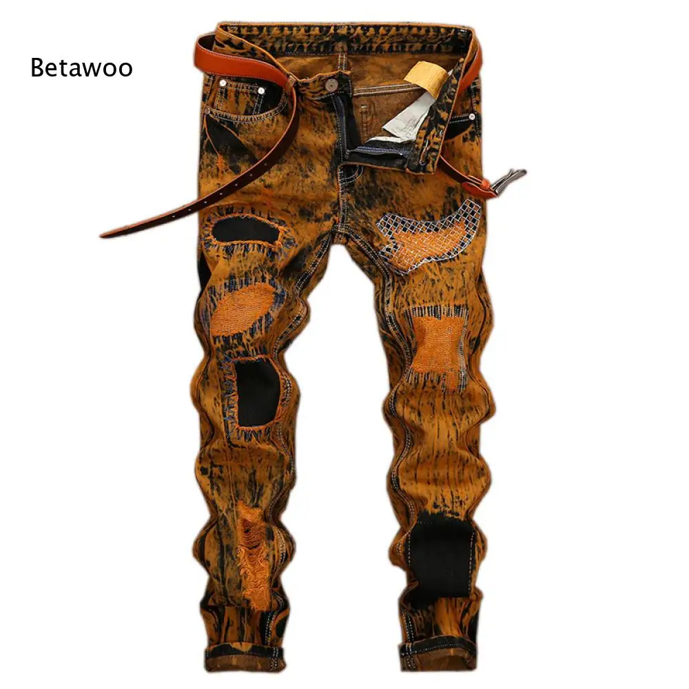 Vintage Washed Tie Dye Denim Jeans For Men Ripped Patchwork Ornament Slim Fit Pants For Individual Street Hip Hop Looks