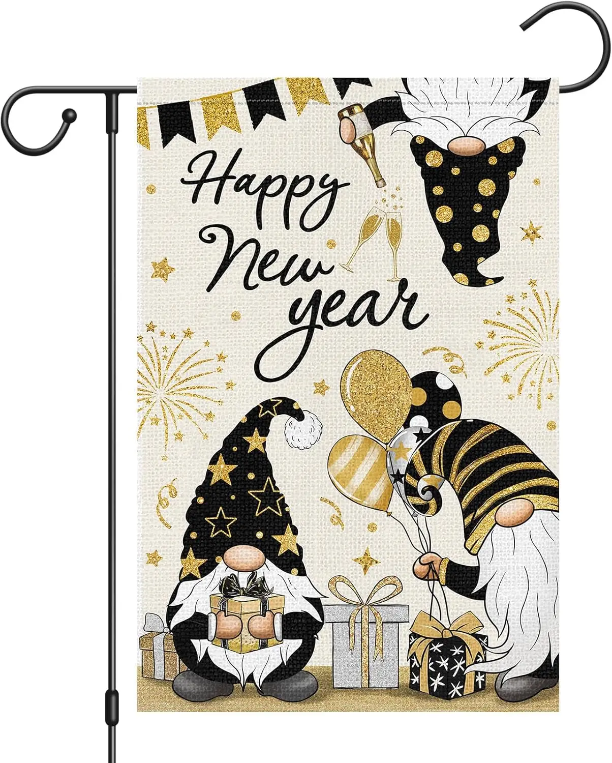 Heyfibro Happy New Year Gnomes Garden Flag 12x18 Inch Double Sided Burlap Firework Balloon Celebration Banner for Winter Hol KKW