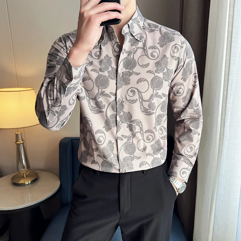 

Весенняя мужская рубашка с длинными рукавами 2220. Высококачественная облегающая повседневная рубашка с цветочным принтом. Универсальная уличная мужская одежда.