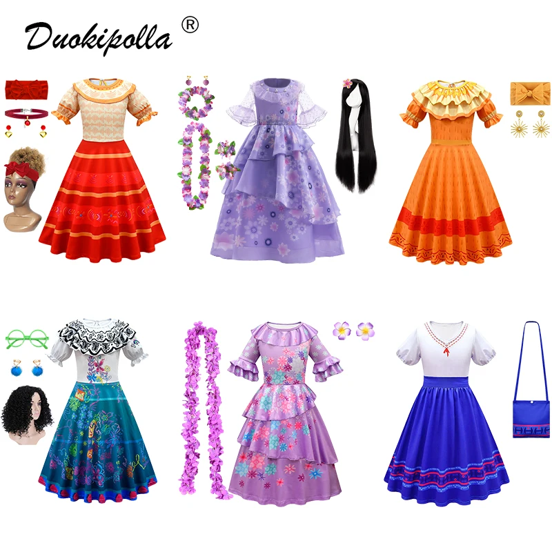 

2022 Movie Children Encanto Costume Flower Girls Lotus Leaf Isabela Mirabel Pepa Dolores Luisa Dress Kids Birthday Party Clothes