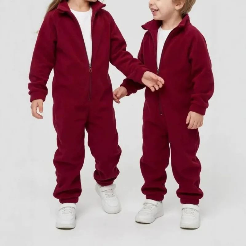 Winter Warm Solid Color Fleece Jumpsuit for Boys Kids Zipper Long Sleeve Romper Toddler Girls Home Sleepwear