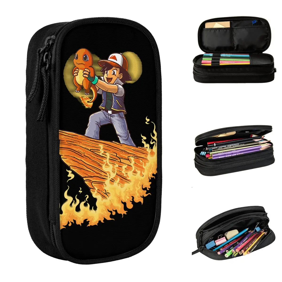 fire king ash ketchum pokemon anime pencil case pen box kids large storage bags material escolar presente de papelaria 01