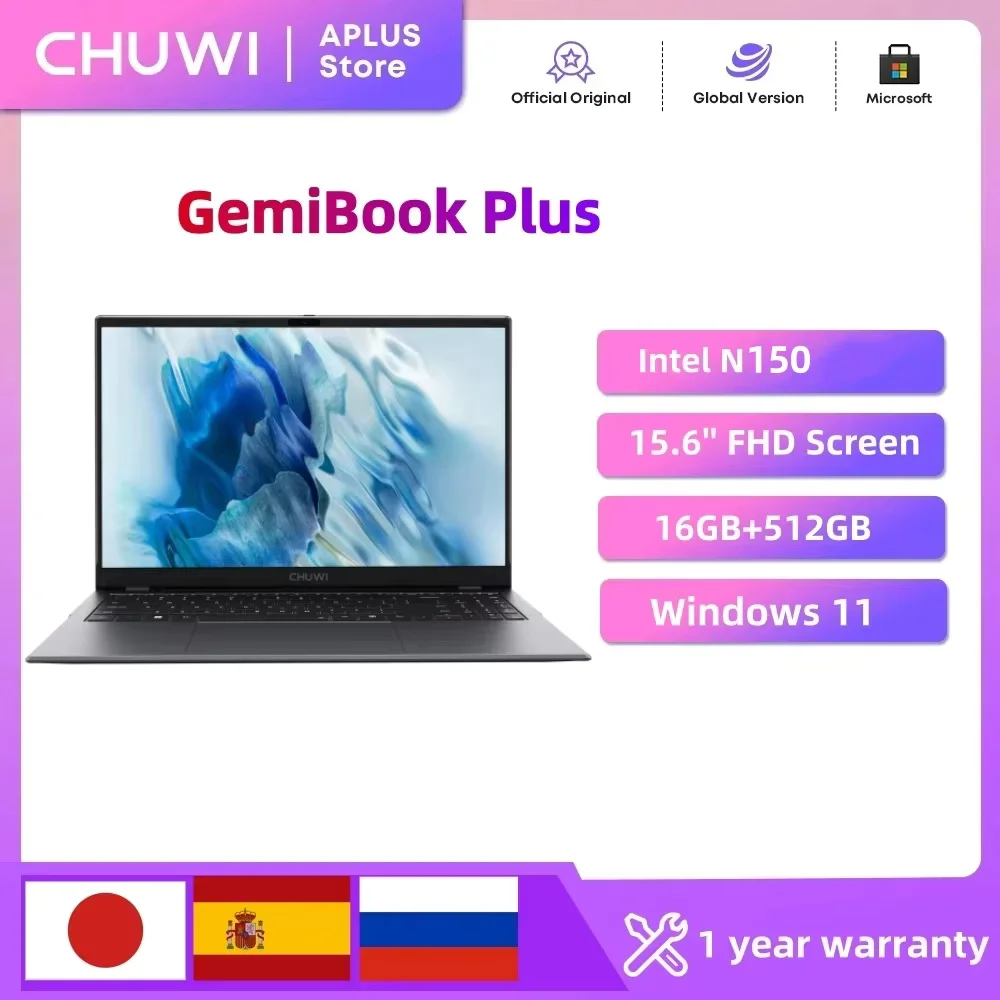 Ноутбук CHUWI GemiBook Plus 15.6'' FHD 1920x1080, 16 ГБ LPDDR5, 512 ГБ SSD, Intel N150 Alder Lake, WiFi 6, Windows 11