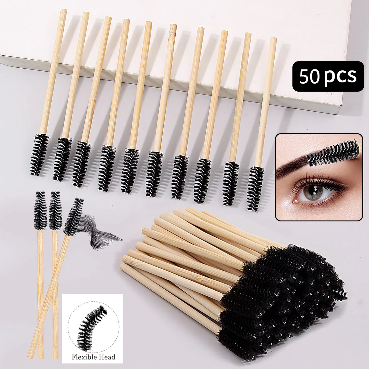 25/50/100PCS Natural Bamboo Eyelash Brushes, Makeup Applicator Kit, Eyebrow & Lash Brush Set, Portable Cosmetic Tools