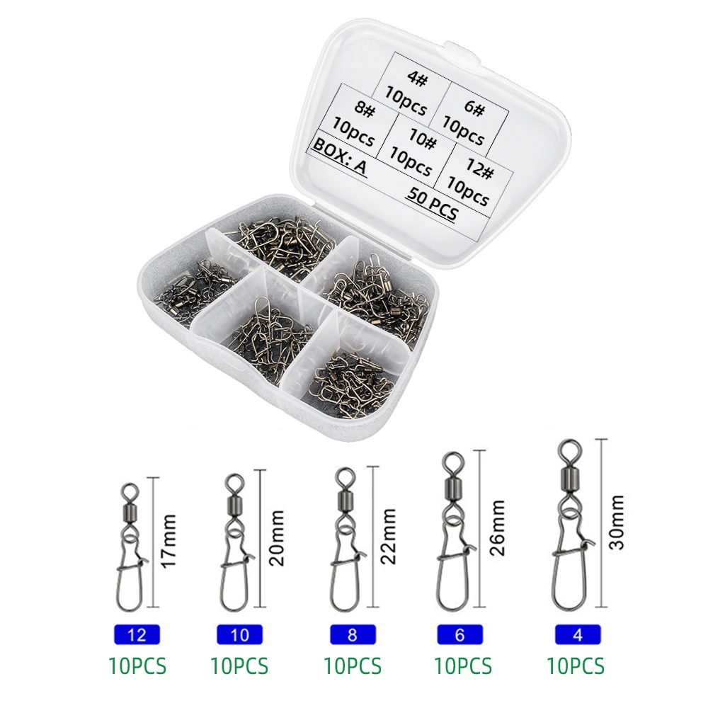 50 pièces/boîte, émerillons à roulement en acier inoxydable pour pêche, avec mousqueton, accessoires de pêche pour connecteur d'hameçon de leurre