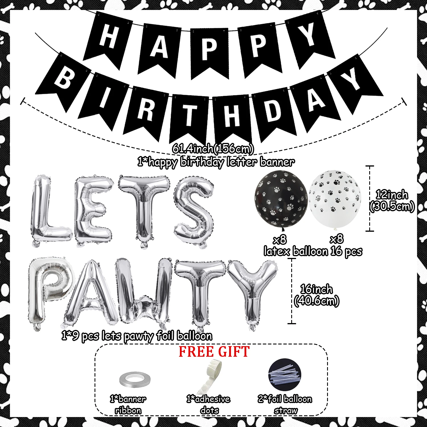 Pet Birthday Party Decorations for Puppy and Dog, Silver and Black Lets, Pawty Foil Balloon, Happy Birthday Banner, Paw Printed