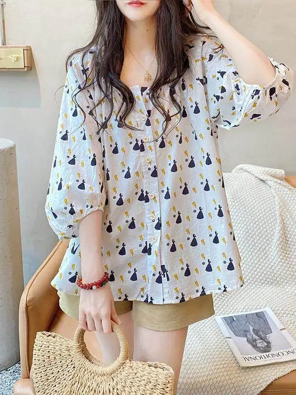 

plus Size Women's Korean Style Floral Print Shirt Loose Fit Single Button Lantern Sleeve Summer Top Breathable Polyester Fiber