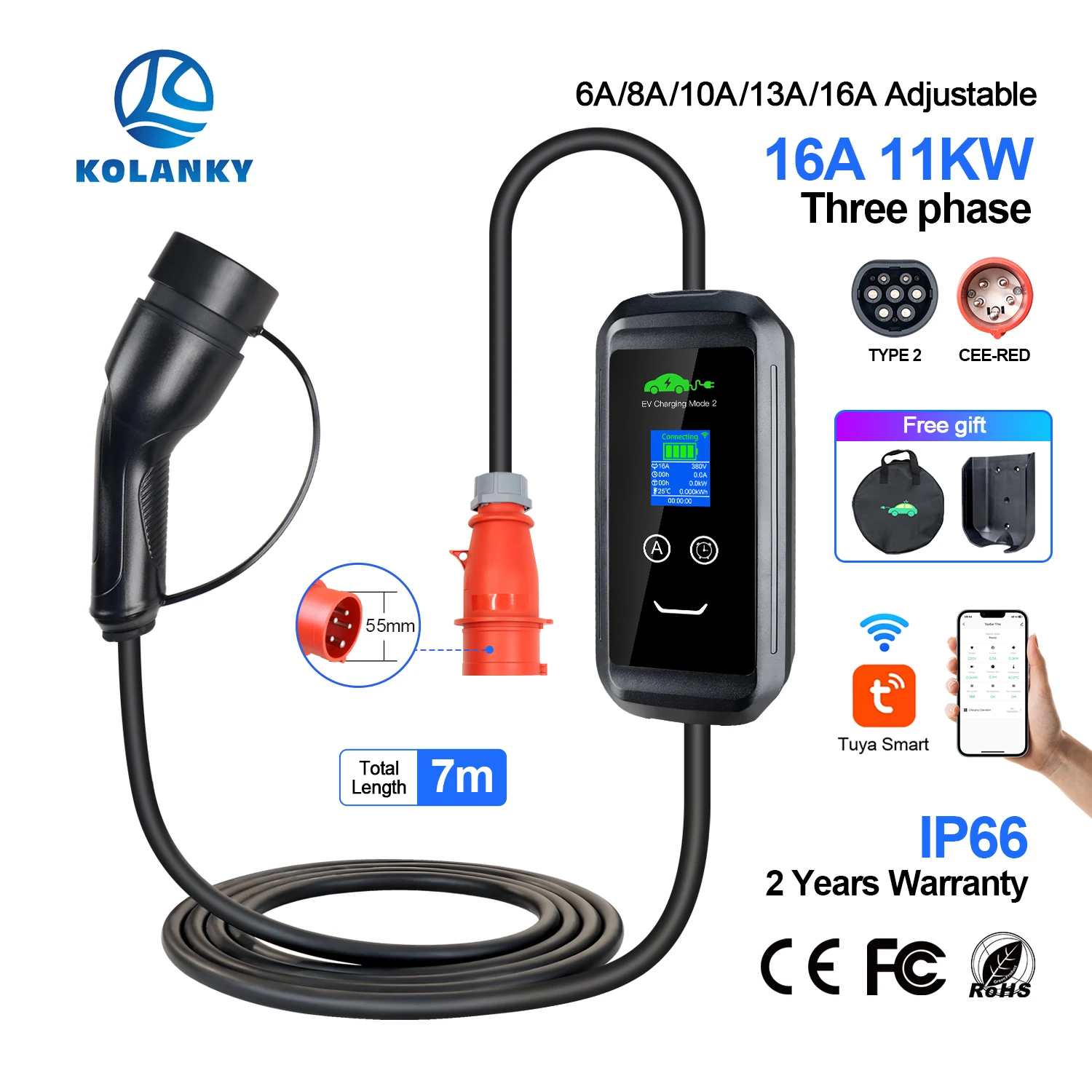 Kolanky EV Charger 11KW 16A 3P Adjust Current Timer Wifi Tuya APP Set Charging Time For Electric Vehicle Hybrid Cars Total 7M