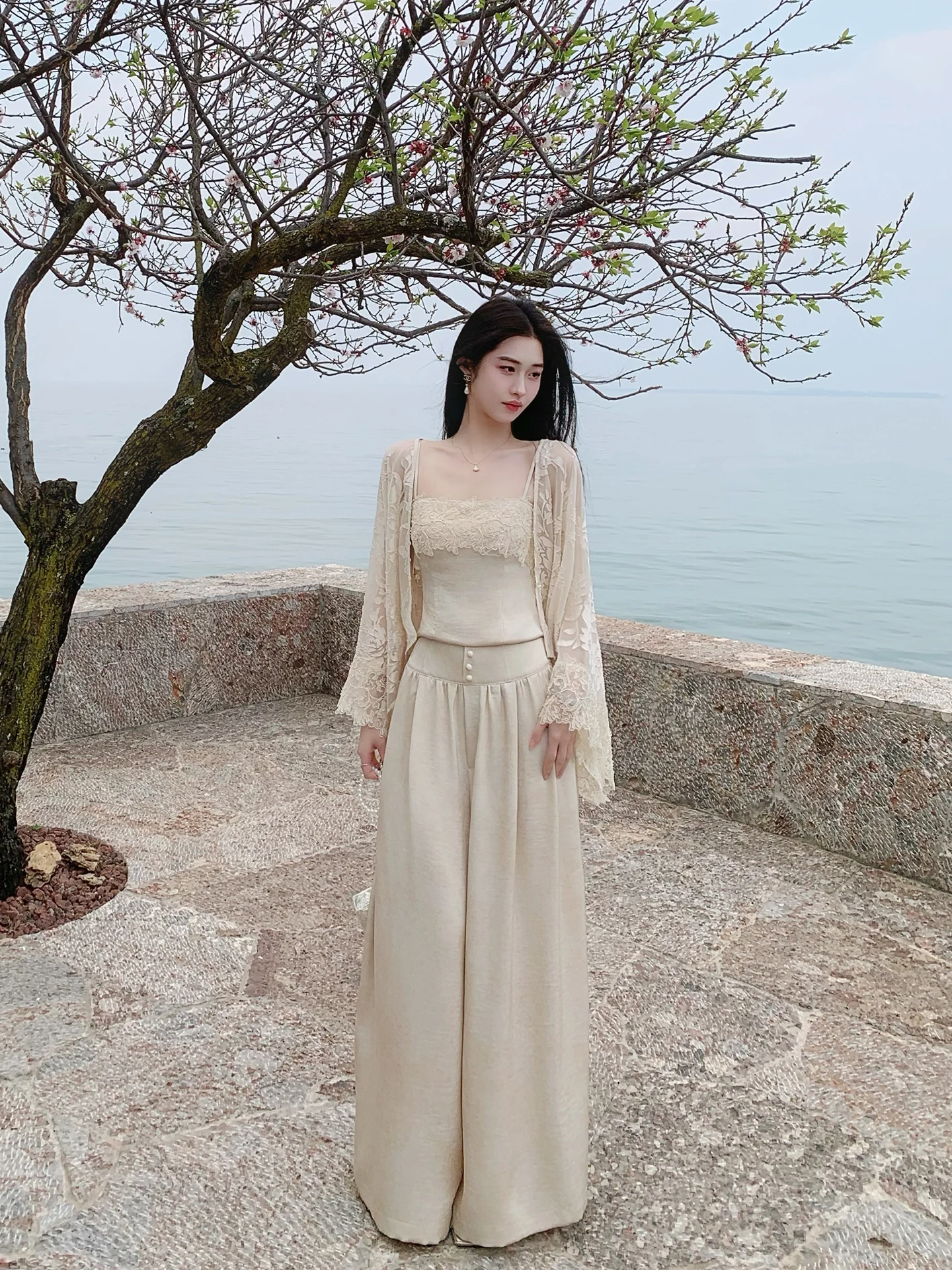 

Lingxian Zhihe Mist Island Evening Wind New Chinese Sle Satin Lace Strap Set Women's Spring Summer High Waist Wide Leg Casu...
