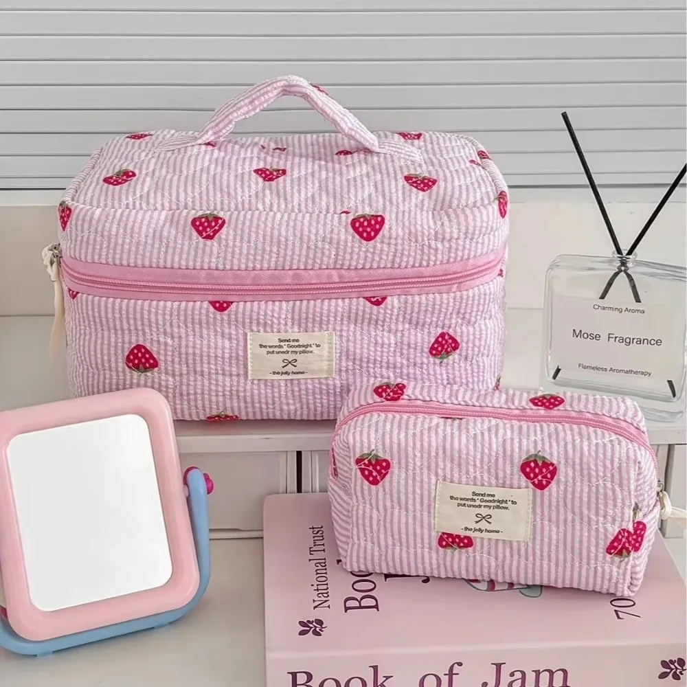 Cute Strawberry Stripe Makeup Bag Large Capacity Pink Toiletry Bag Portable Cosmetic Handbag Student