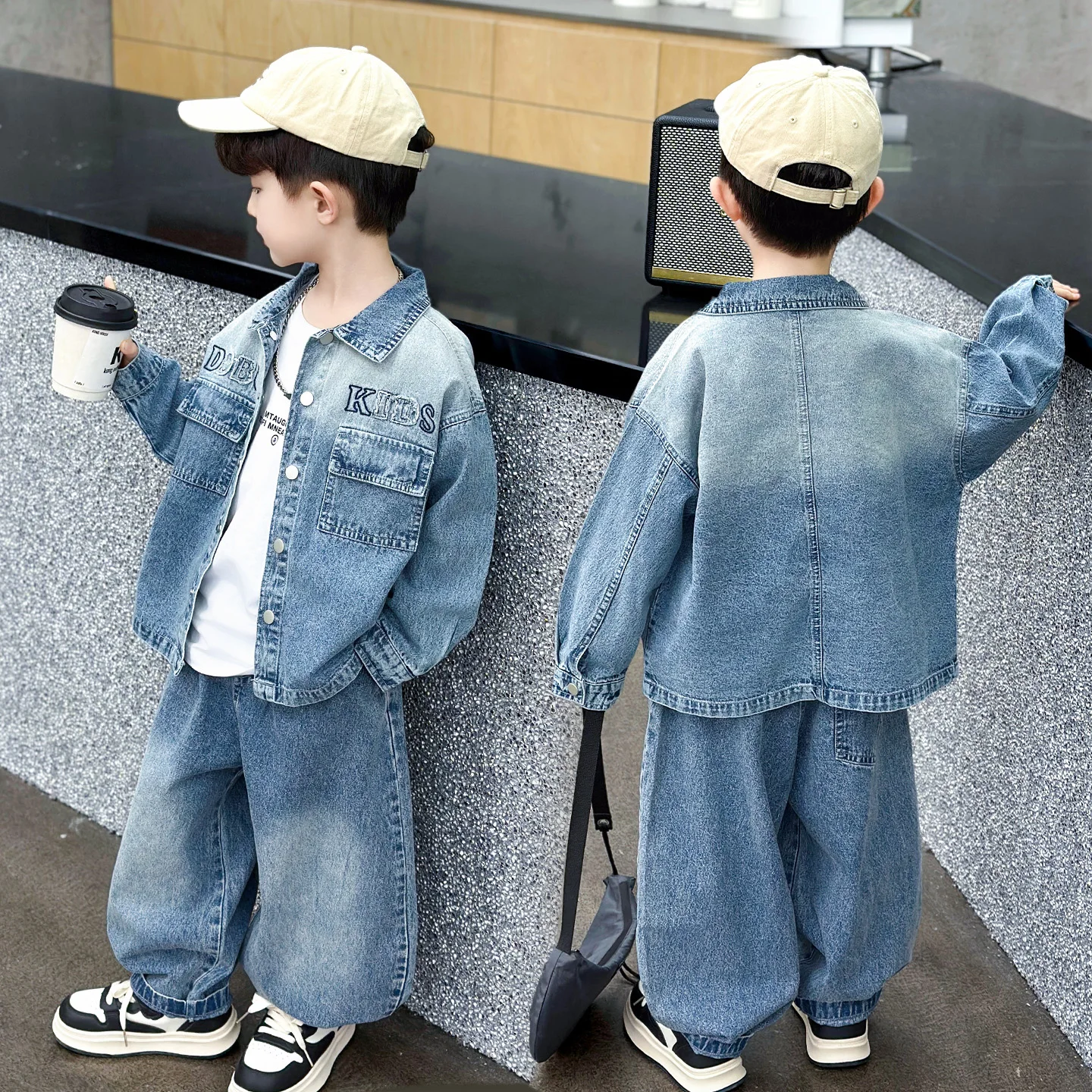 

Trendy Boys' Denim Set Collared Spring Autumn 2026 New Sle Small Medium Children Haome Sli Two-Piece Casual Sportswear