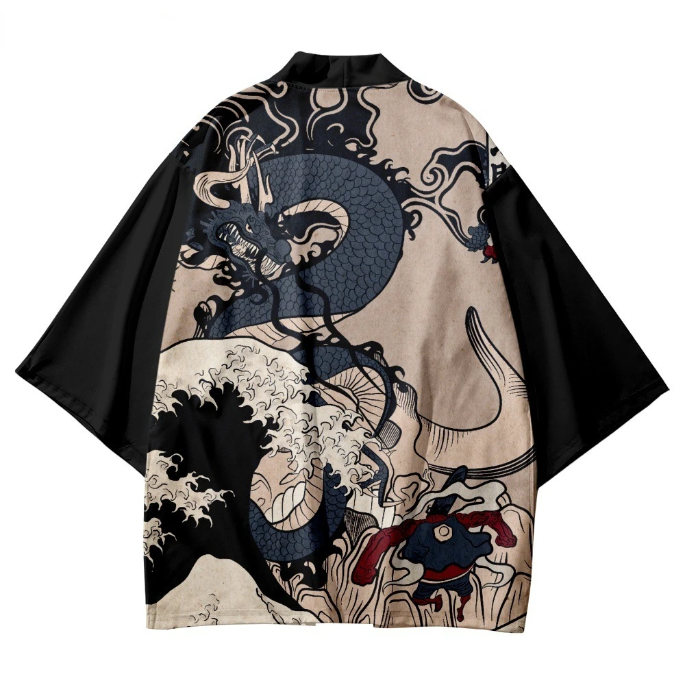 Vintage Asian Traditional Haori Japanese Ukiyo-e Dragon Waves Print Cosplay Kimono Cardigan Beach Yukata Women Men Clothing